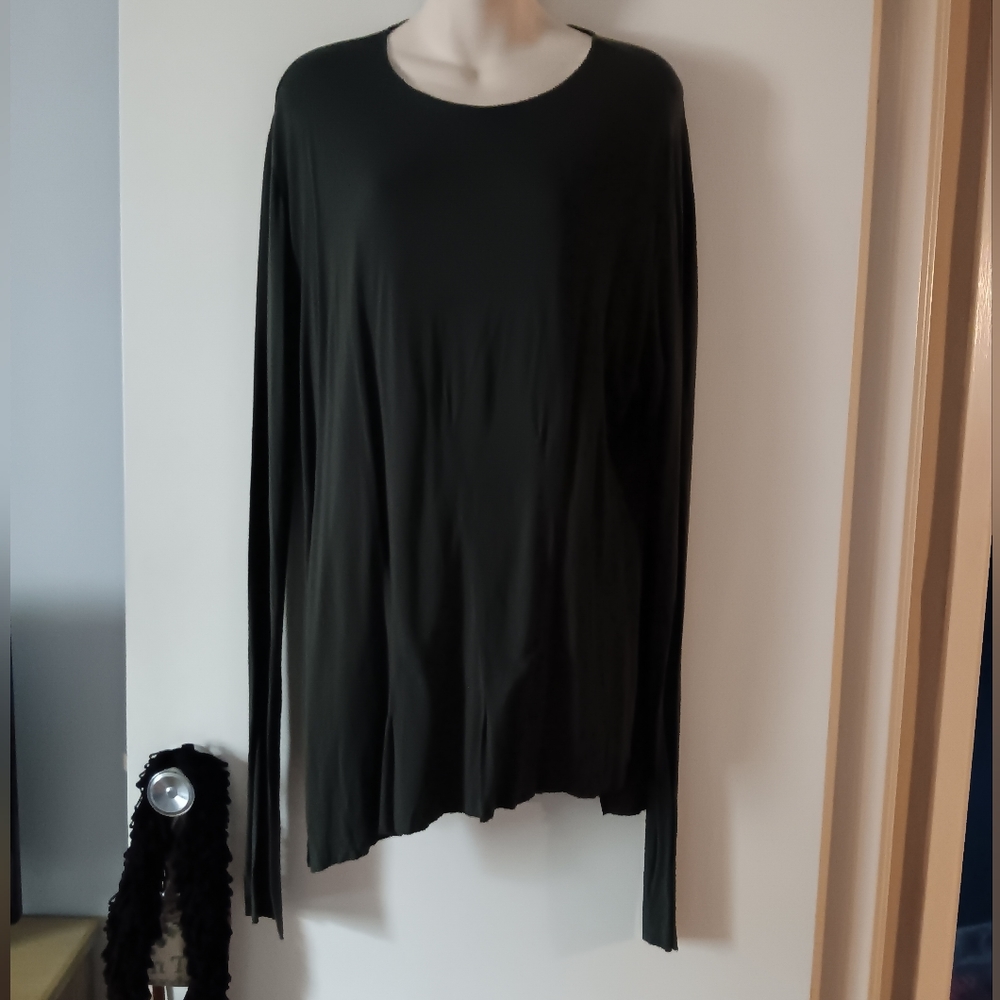P*ss Off PAL OFFNER Asymmetric Olive Green Stretch Viscose Top XL Lagenlook